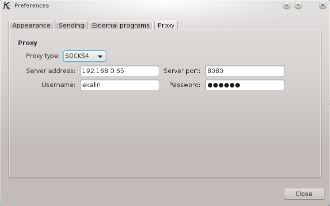 The Proxy section of the Preferences dialog.
