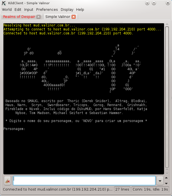 A typical KildClient session with two open Worlds.