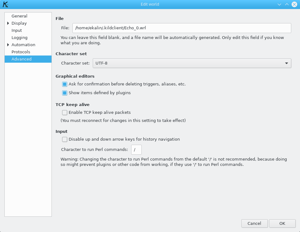The Advanced section of the World Editor.