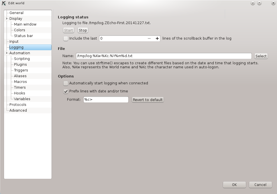 The Logging section of the World Editor.